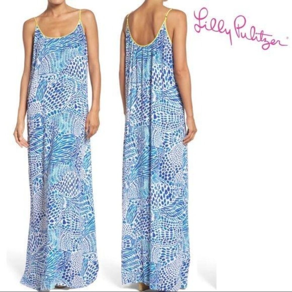 Lilly Pulitzer Maxi Dress XXS XS Blue White Sleeveless Yellow Kendra Scoop Sheer
